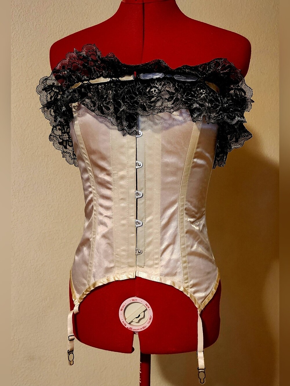 Leg Avenue Champagne Satin Black Lace Garter Corset Bustier - Size S